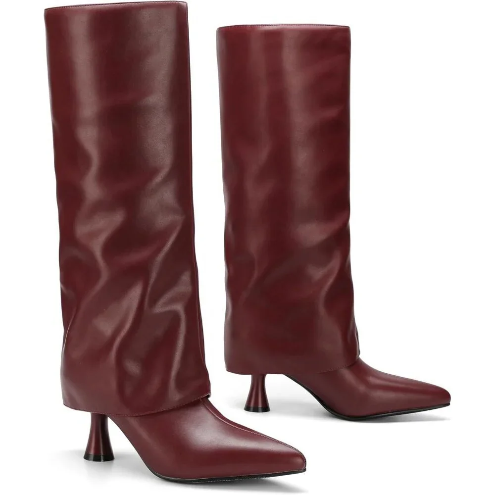 Women's Burgundy Leather Slouchy Knee High Pointed Toe Folded Shark Stylish Boot